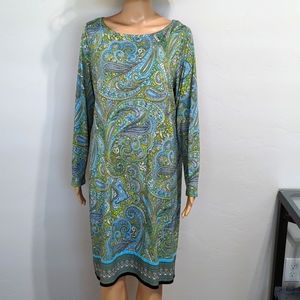 Michael Kors Green Paisley Boatneck Longsleeve Dress Mini Stretch Size OX